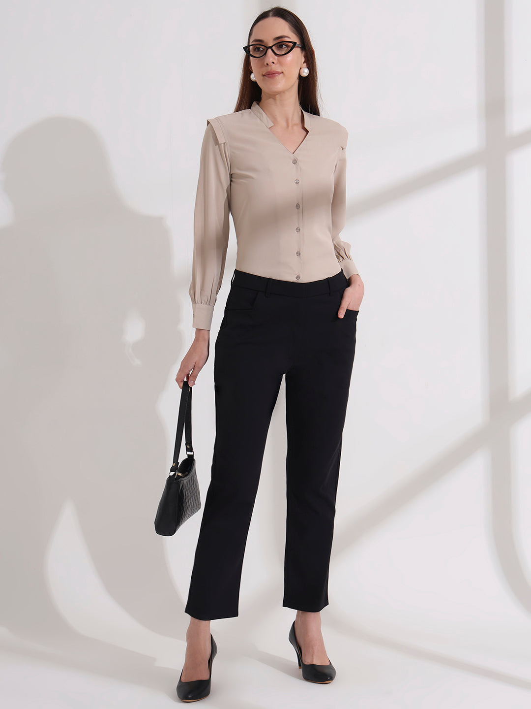 womens stylish mandarin collar solid formal shirt 2