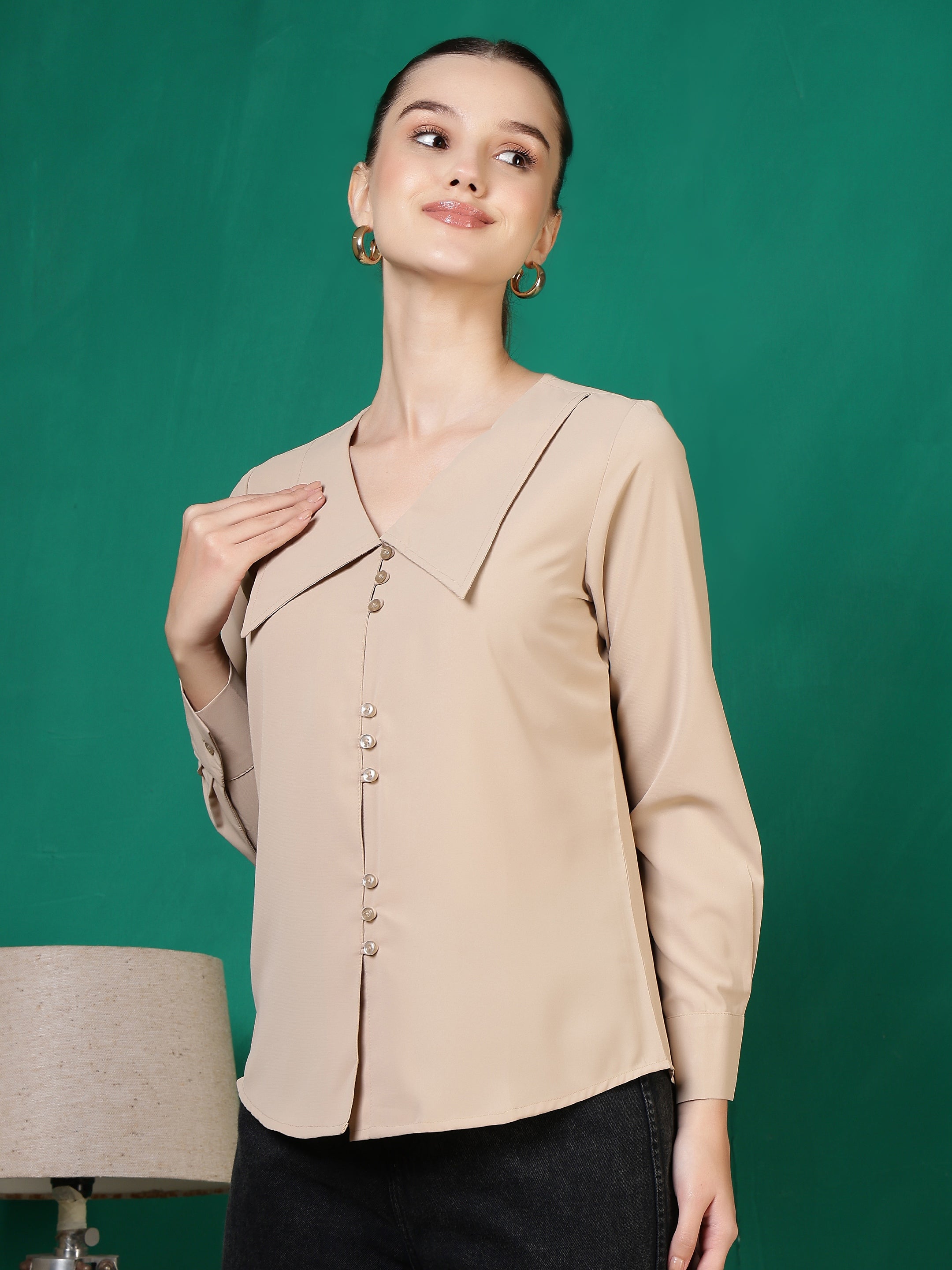 womens solid v neck long sleeve shirt with wide collar