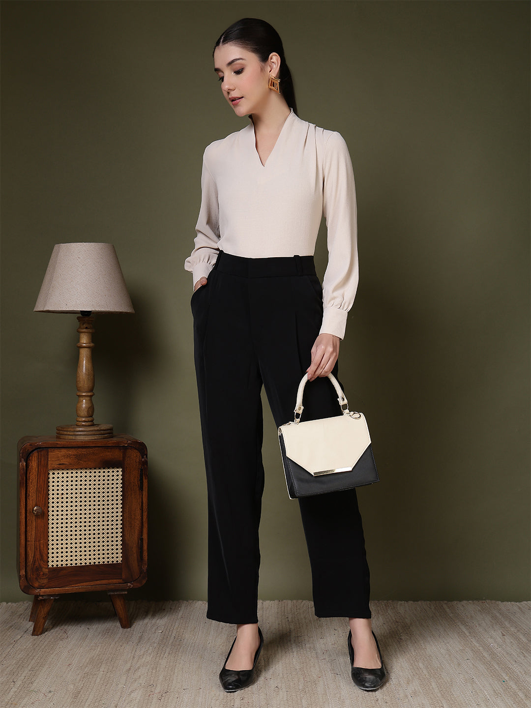 womens v neck long sleeve elegant solid top 1