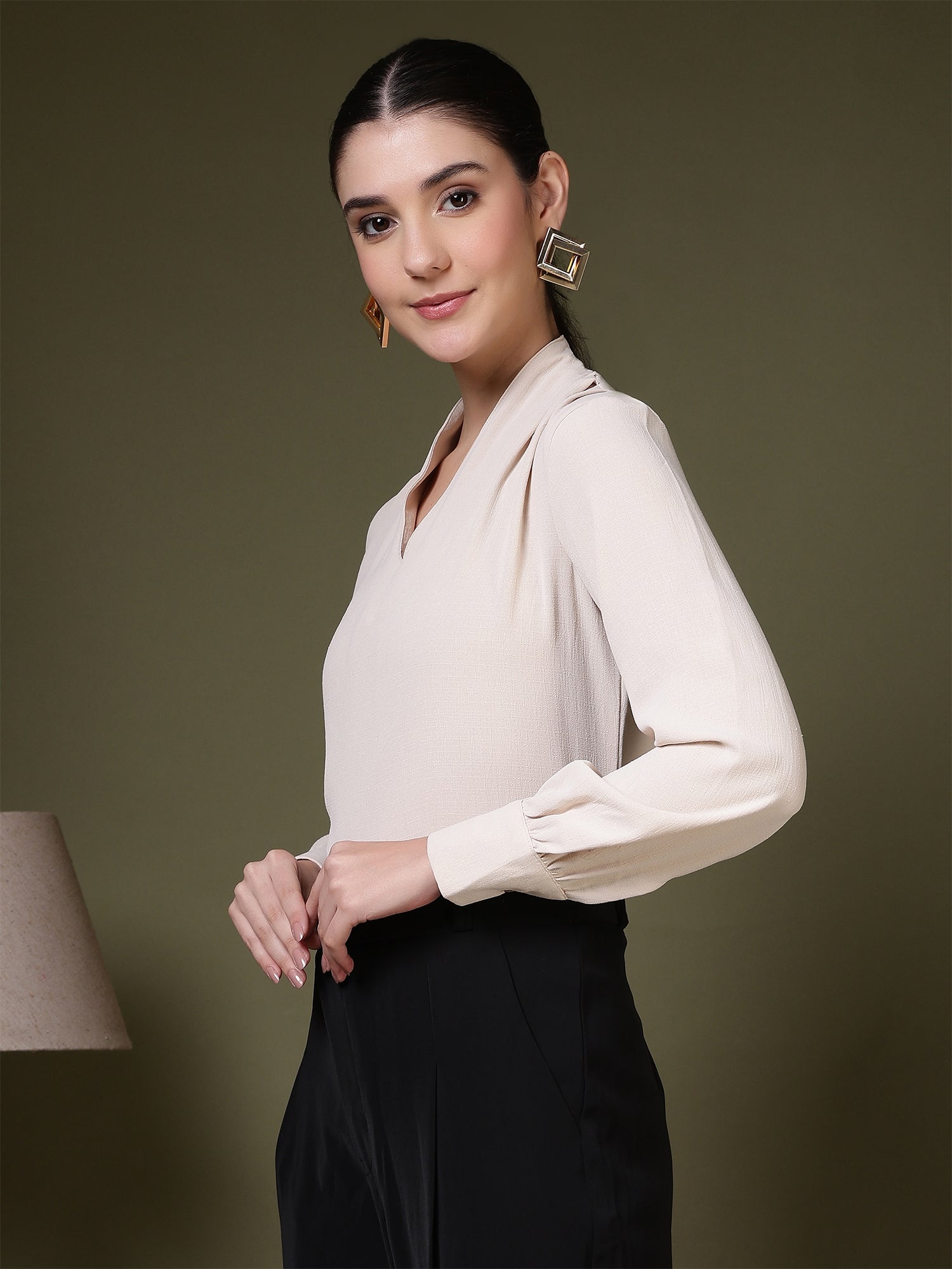 womens v neck long sleeve elegant solid top 1
