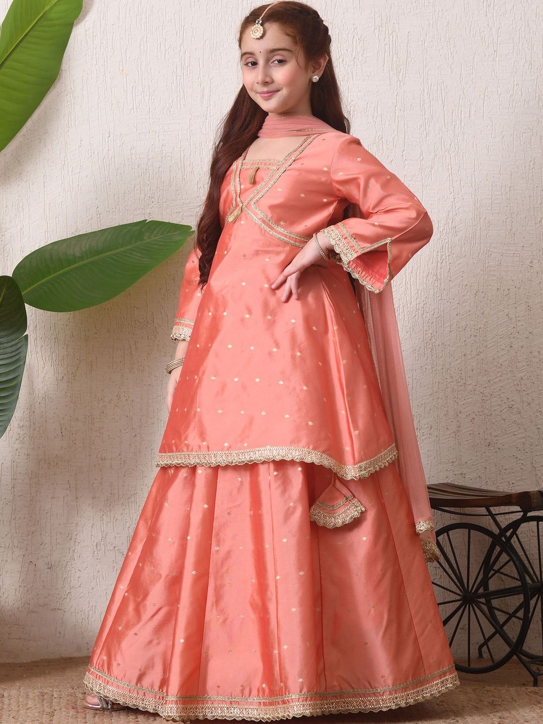 Indi Loom Couture Girls Peach Booti Kurta with Skirt & Dupatta Set ILLCD43