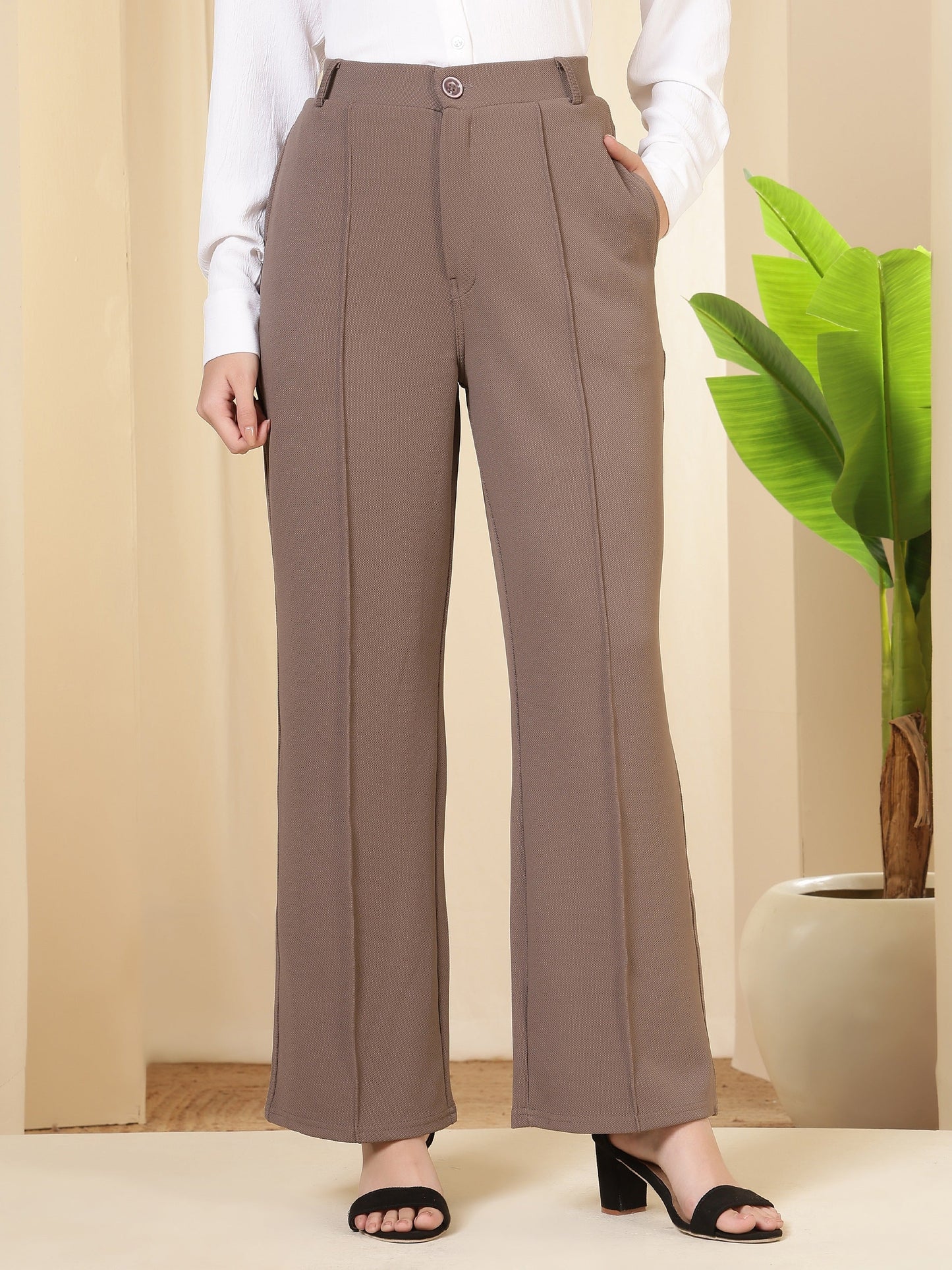 women high waist wide leg solid polycotton trousers