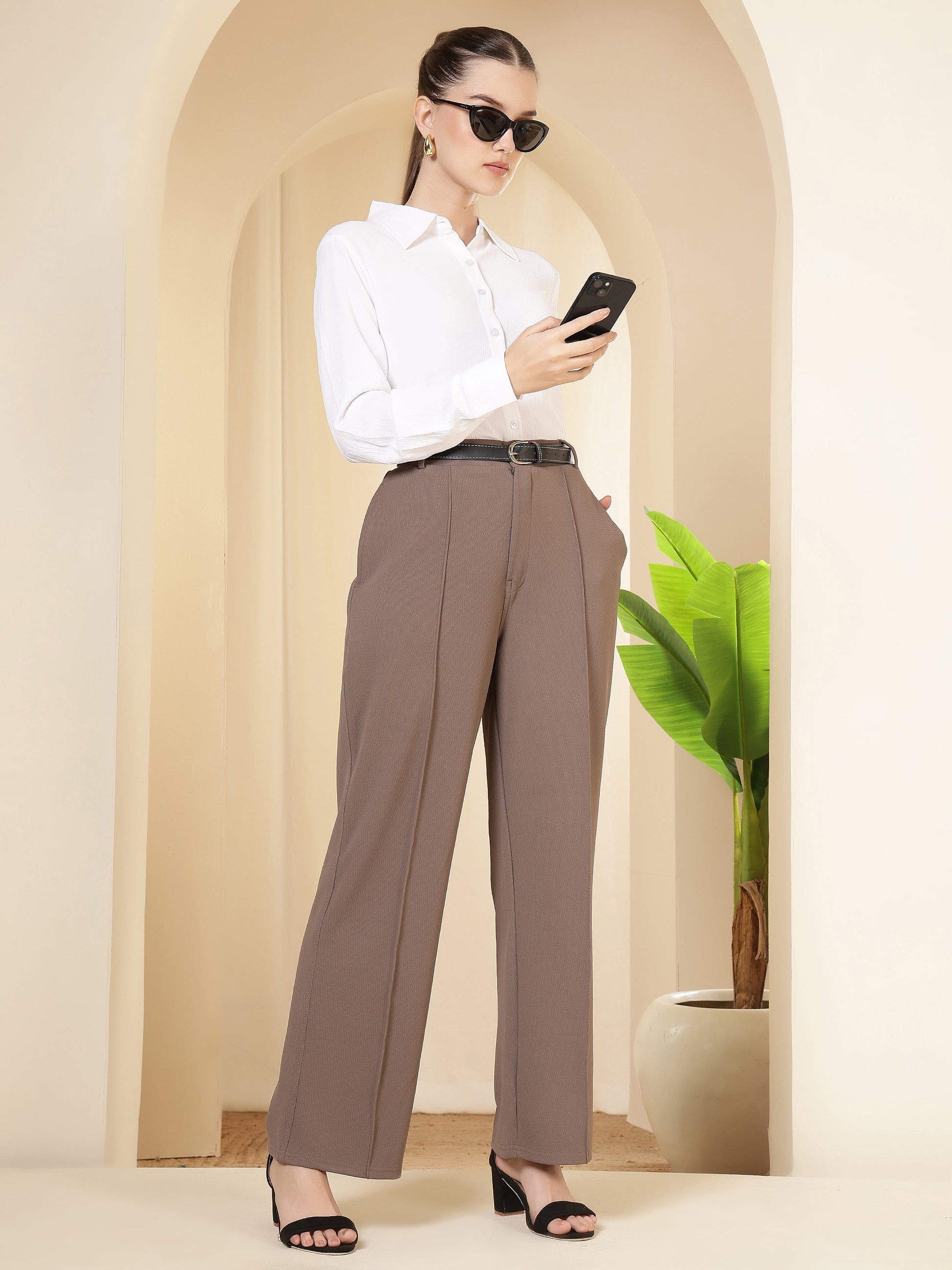 women high waist wide leg solid polycotton trousers