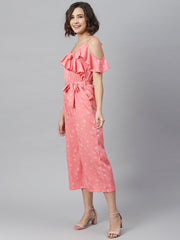 Women's Pink Cross Neck Ruffle Jumpsuit