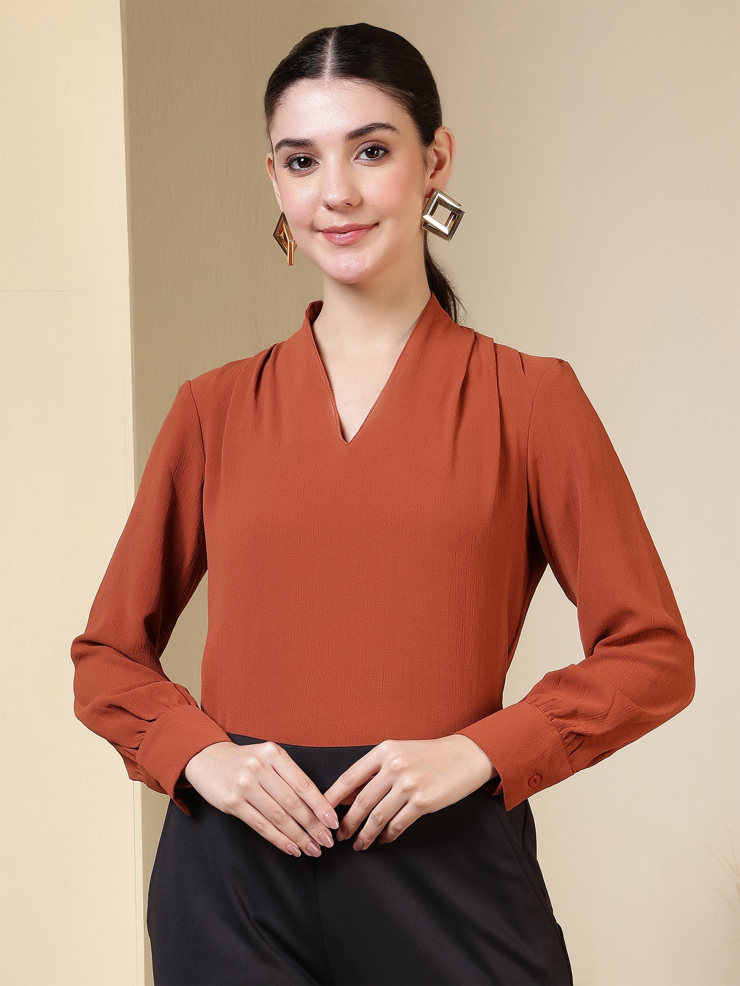 womens v neck long sleeve elegant solid top 1