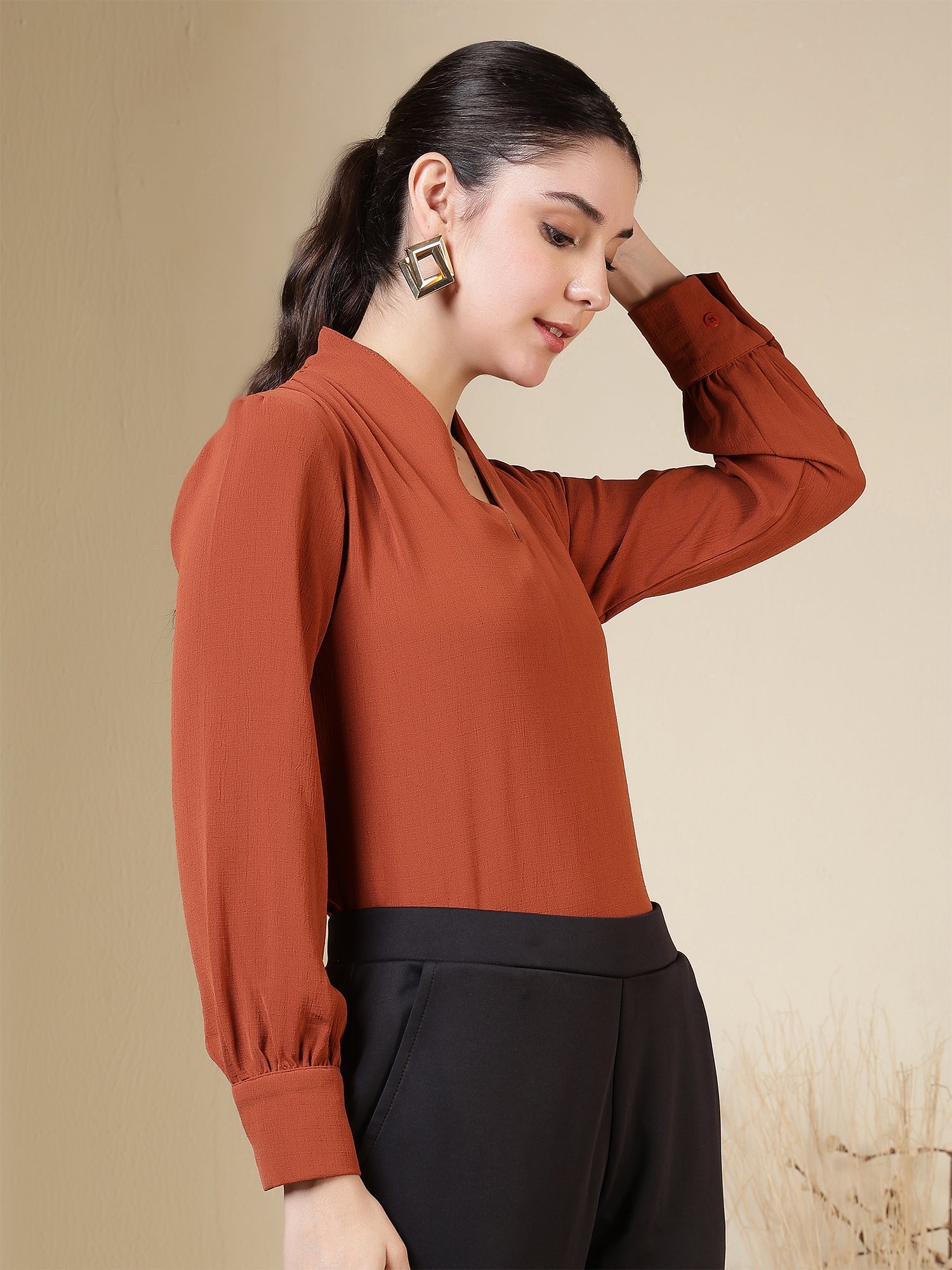 womens v neck long sleeve elegant solid top 1