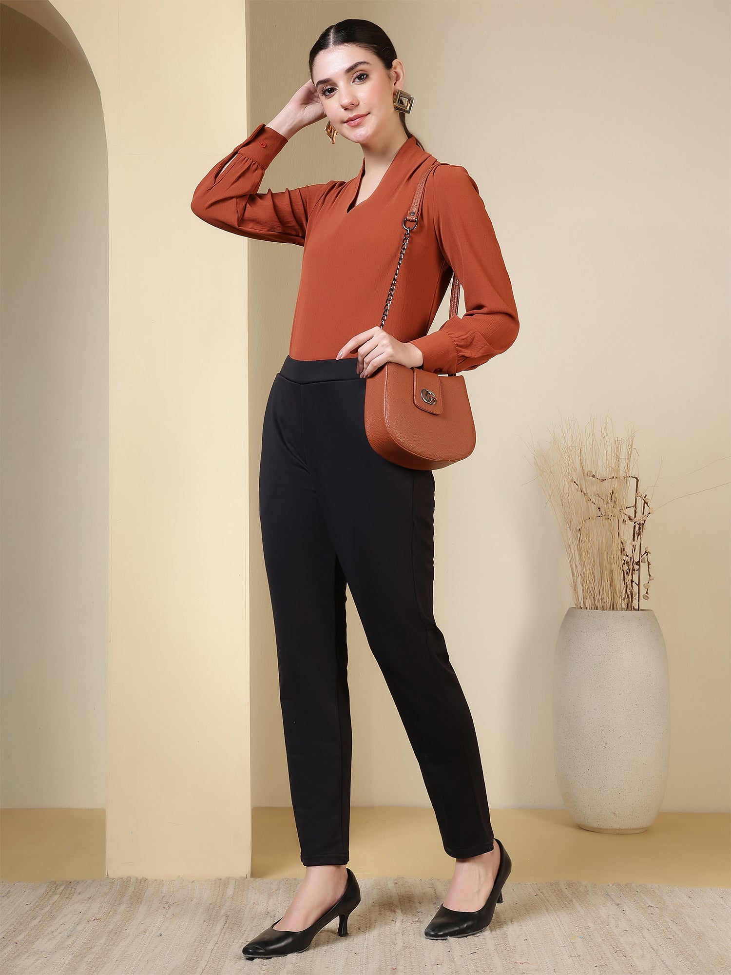 womens v neck long sleeve elegant solid top 1