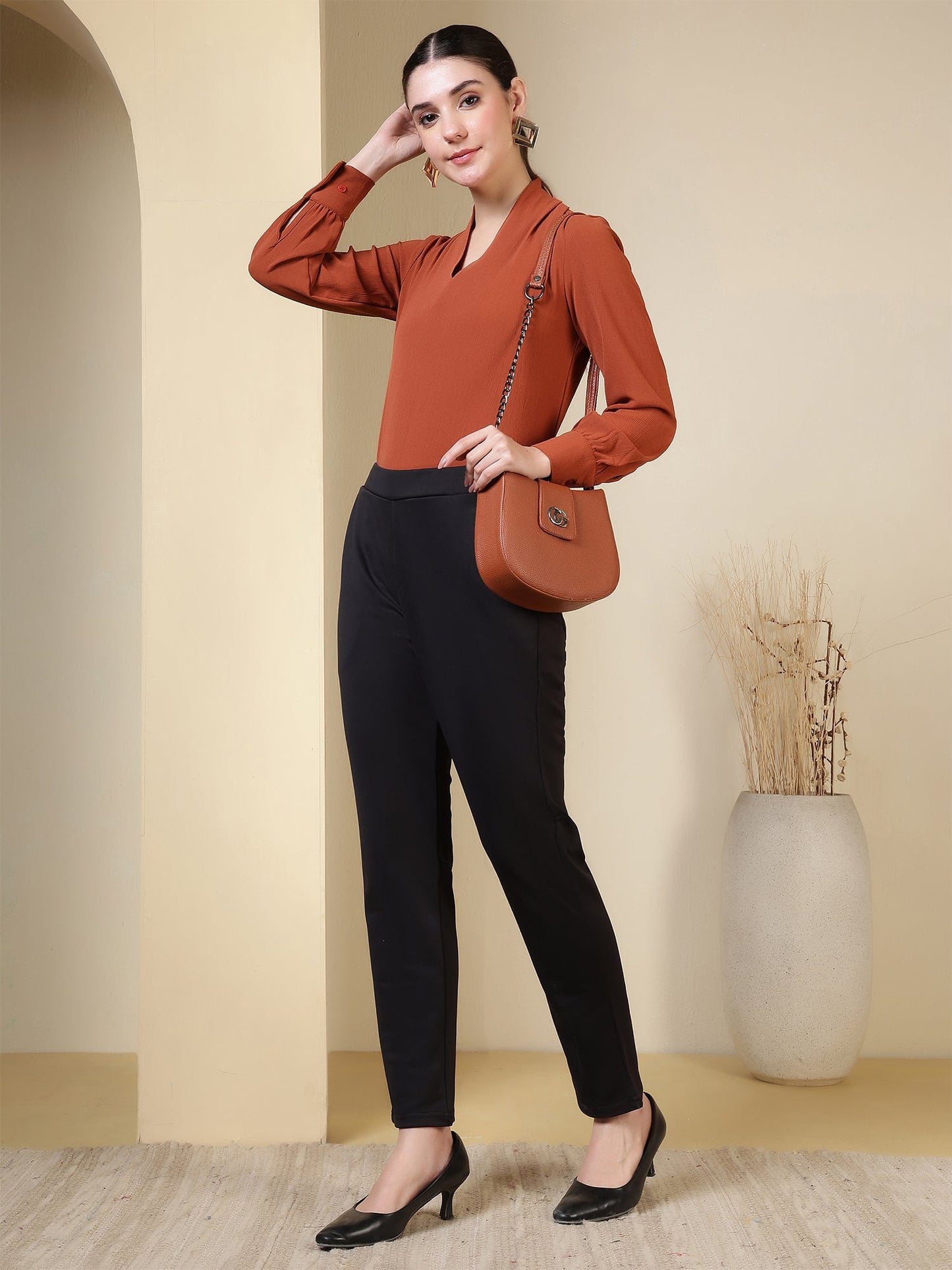womens v neck long sleeve elegant solid top 1