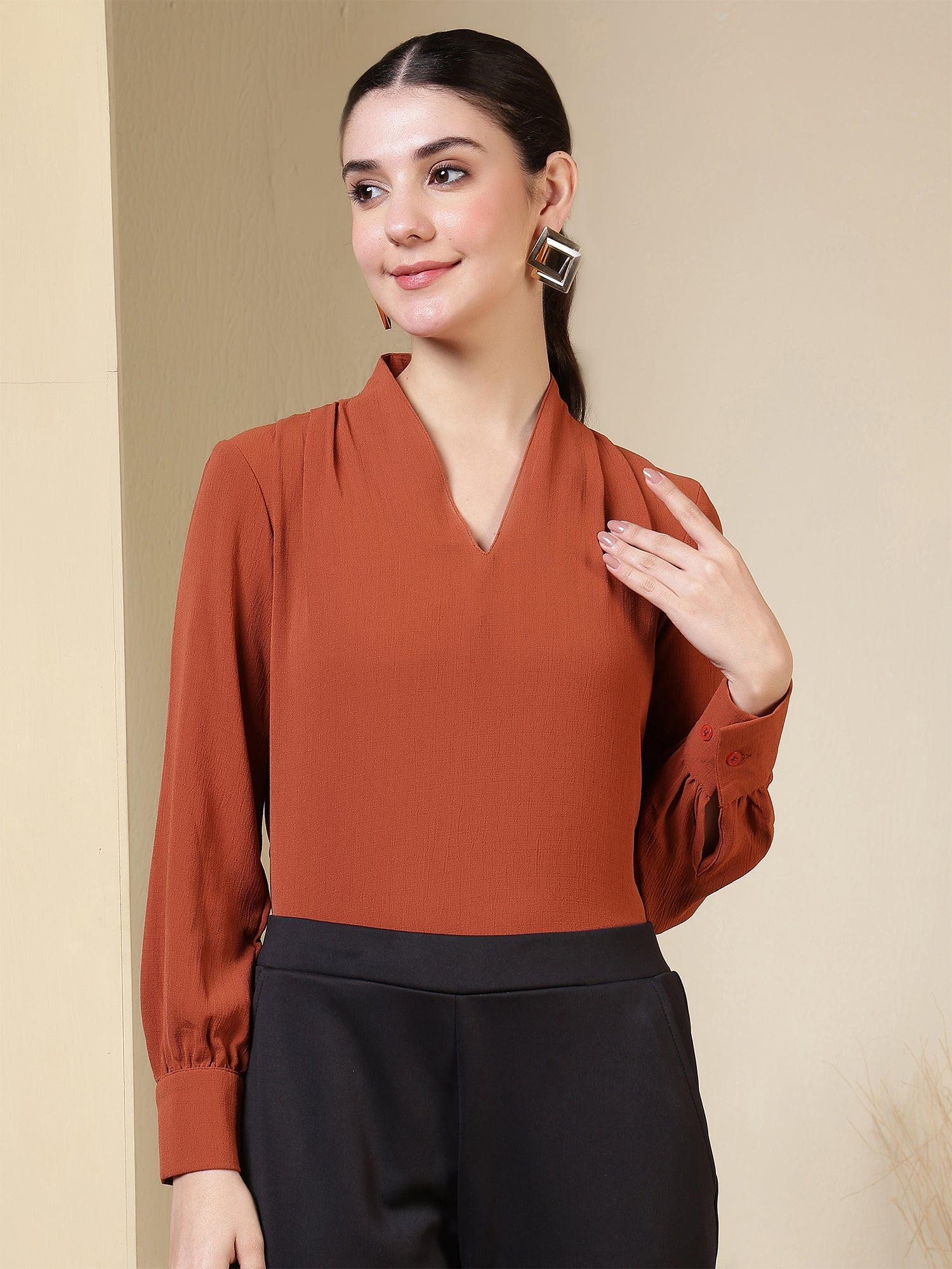 womens v neck long sleeve elegant solid top 1