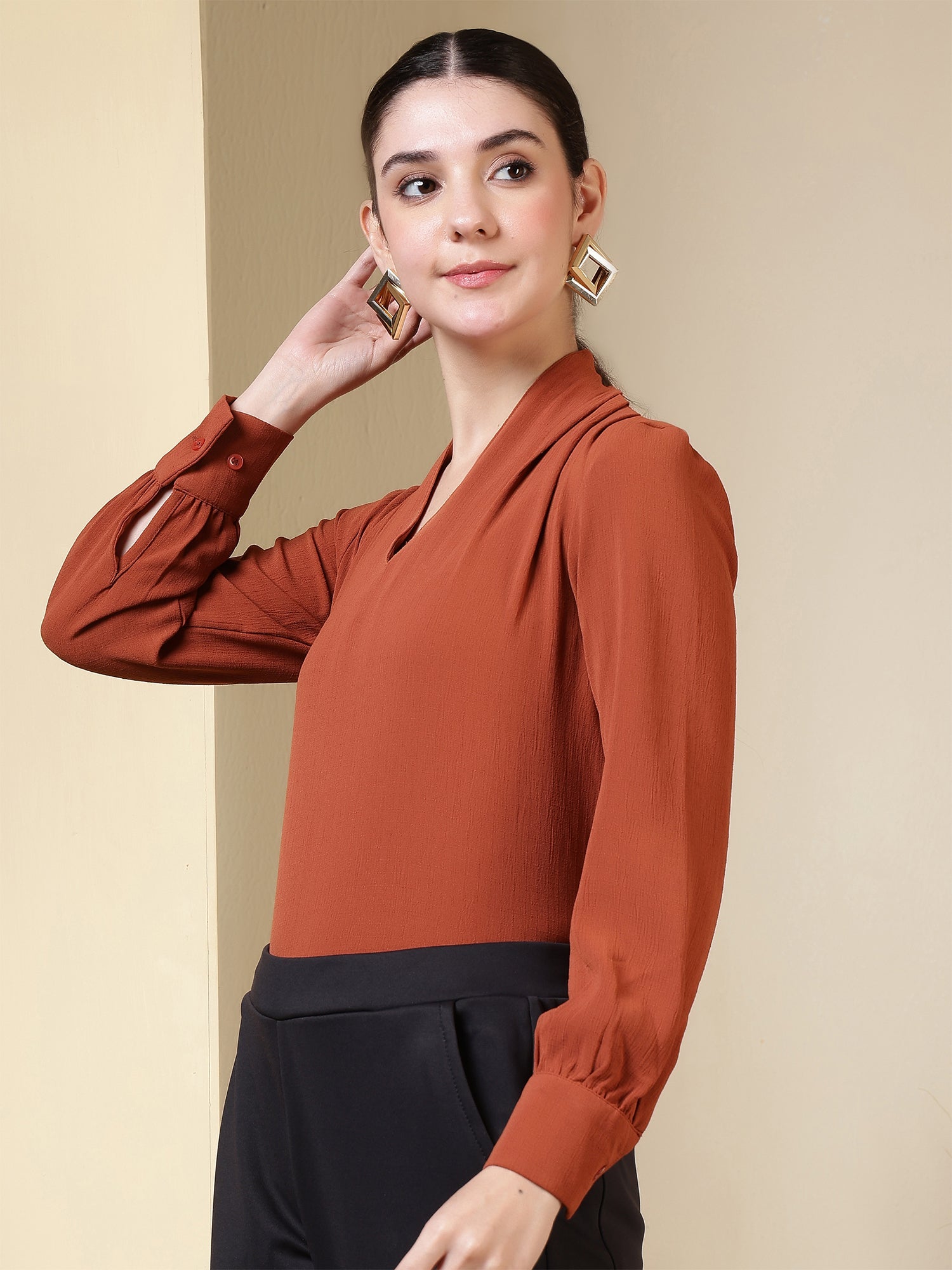 womens v neck long sleeve elegant solid top 1