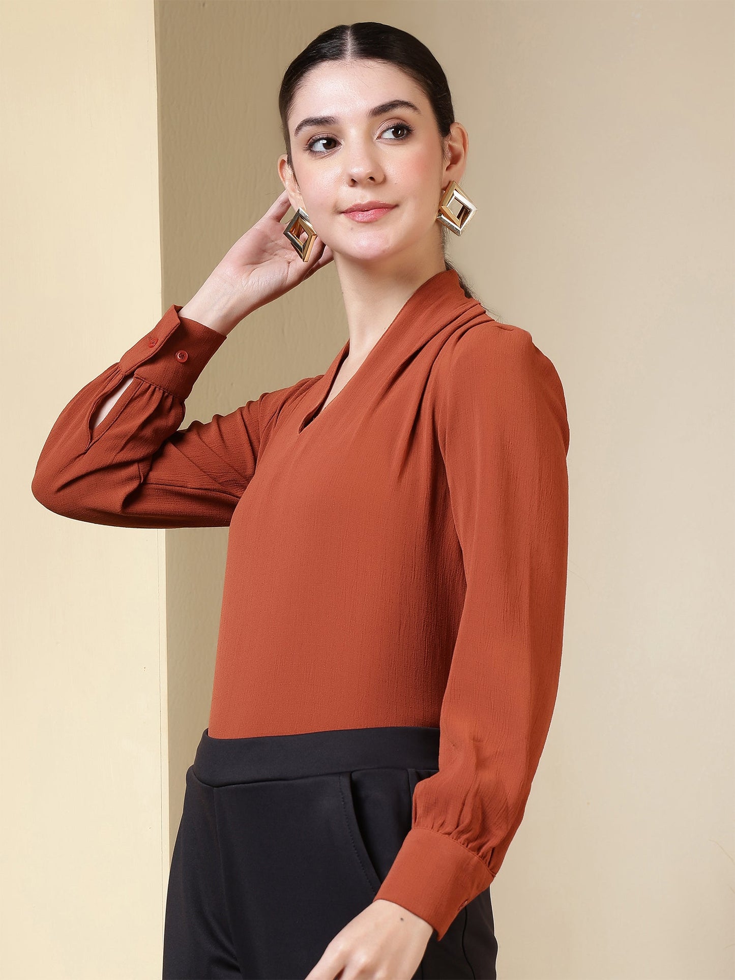 womens v neck long sleeve elegant solid top 1