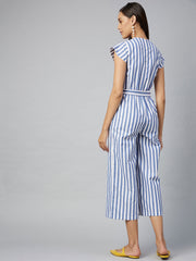 Women's Blue Stripe Cotton Blend Jumpsuit