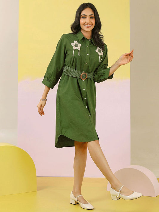 Zummer Green Floral Applique Work Shirt Dress