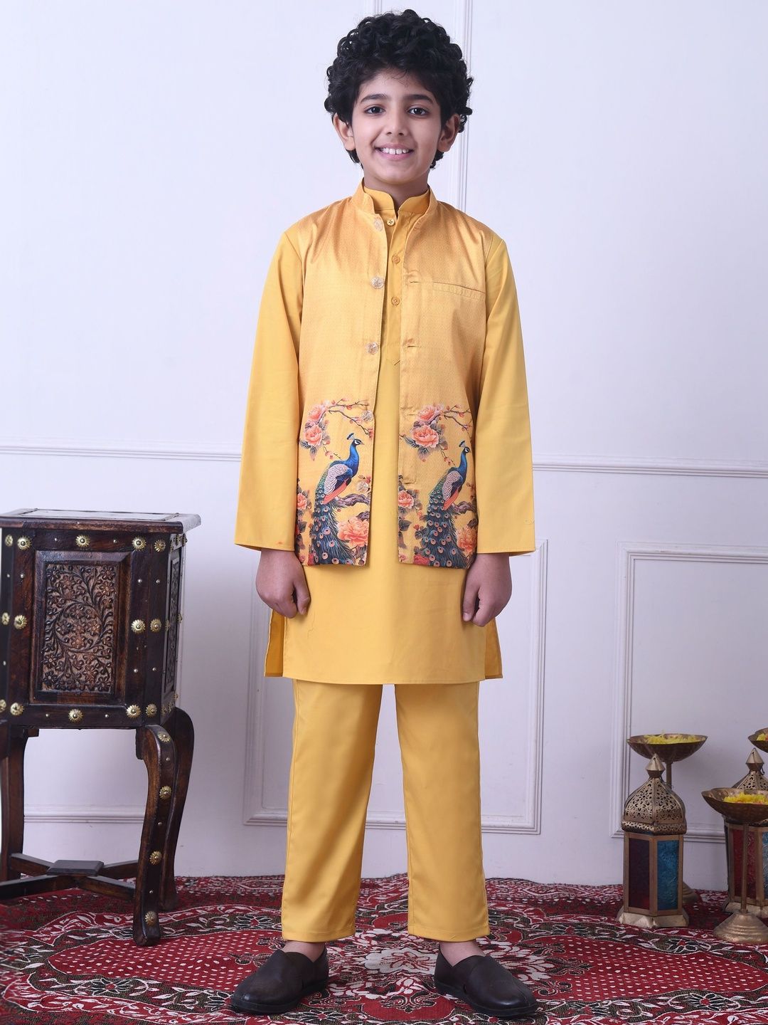 Indi Loom Couture Boys Mustard Yellow Printed Kurta Jacket with Pyjama Set ILBKSJ10