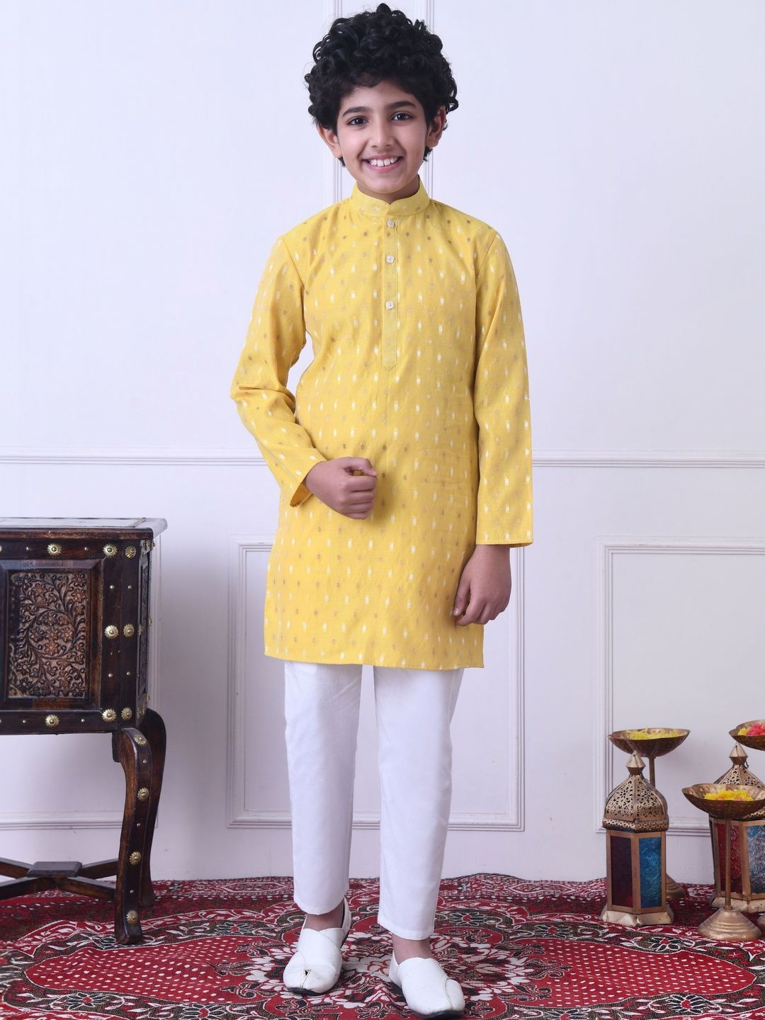 Indi Loom Couture Boys Yellow Chanderi Booti Ethnic Kurta with White Pajama Set ILBKS13
