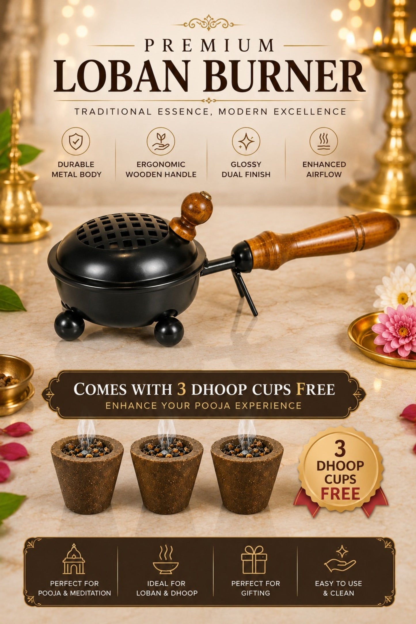 brass finish metal dhoop dani with wooden handle lid for pooja loban sambrani burning covered incense burner for home temple havan vastu premium festive gift item copy