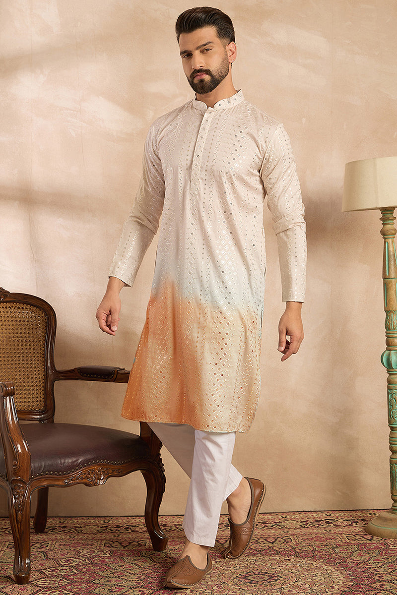 Peach Silk Blend Ombre Embroidered Straight Kurta Sets MKSET1724