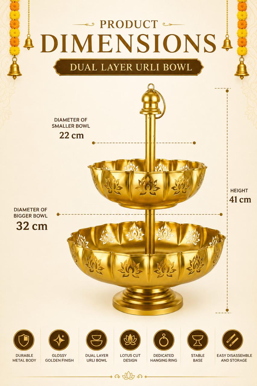 premium dual layer metal urli bowl 2 tier decorative floating flower urli for water candles tea lights traditional pooja urli for diwali wedding home festive decoration