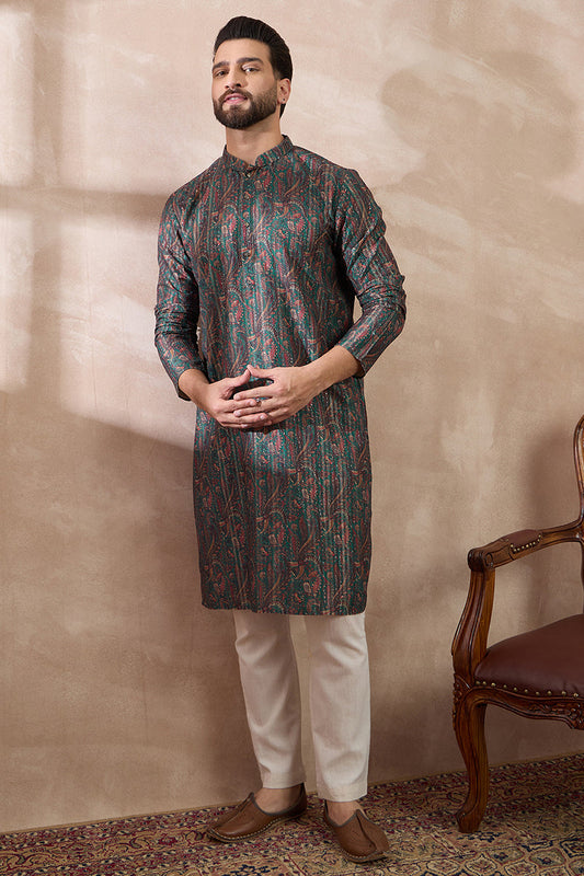 Green Silk Blend Printed Mandarin Collar Straight Kurta With Trouser MKSET2050