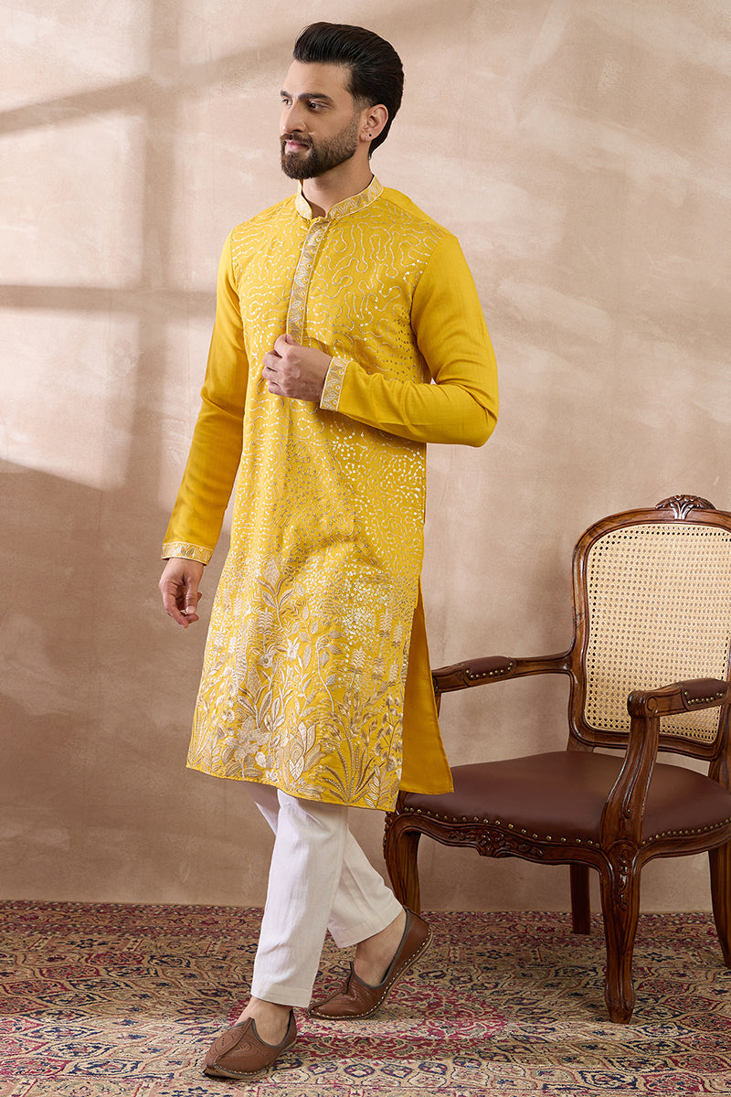 Yellow Silk Blend Embroidered Mandarin Collar Straight Kurta With Trouser MKSET2052