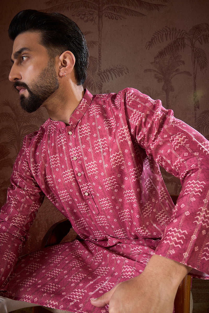 Pink Silk Blend Ethnic Motifs Printed Straight Kurta With Trouser MKSET1929
