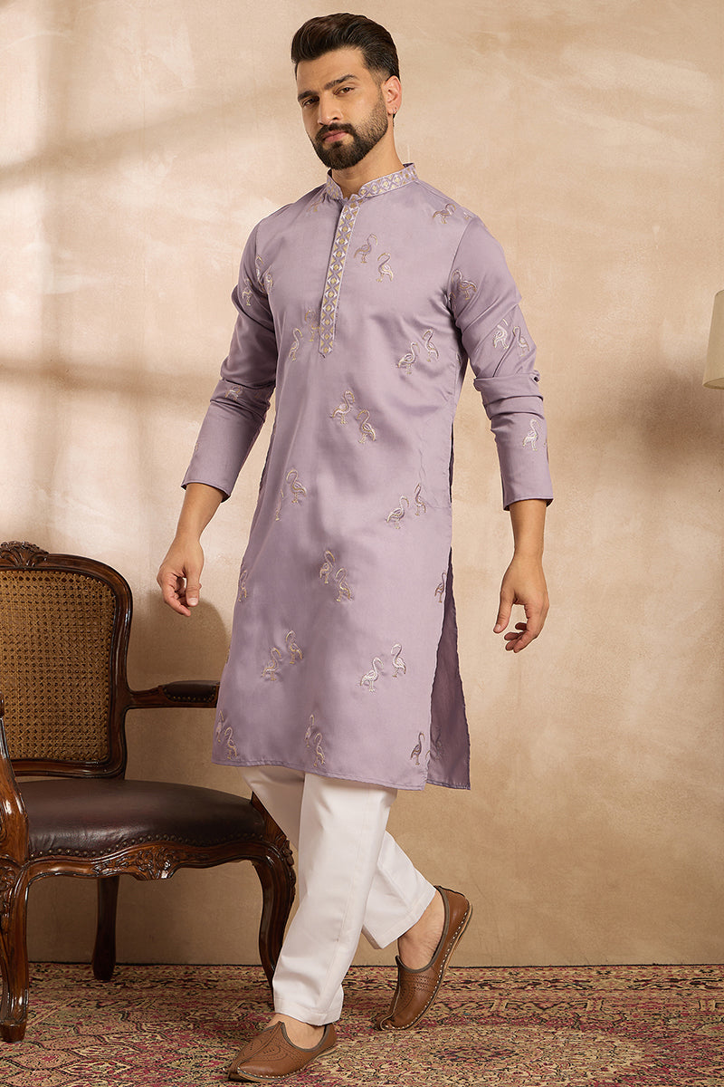 Lavender Silk Blend Solid Embroidered Straight Kurta With Trouser MKSET1815
