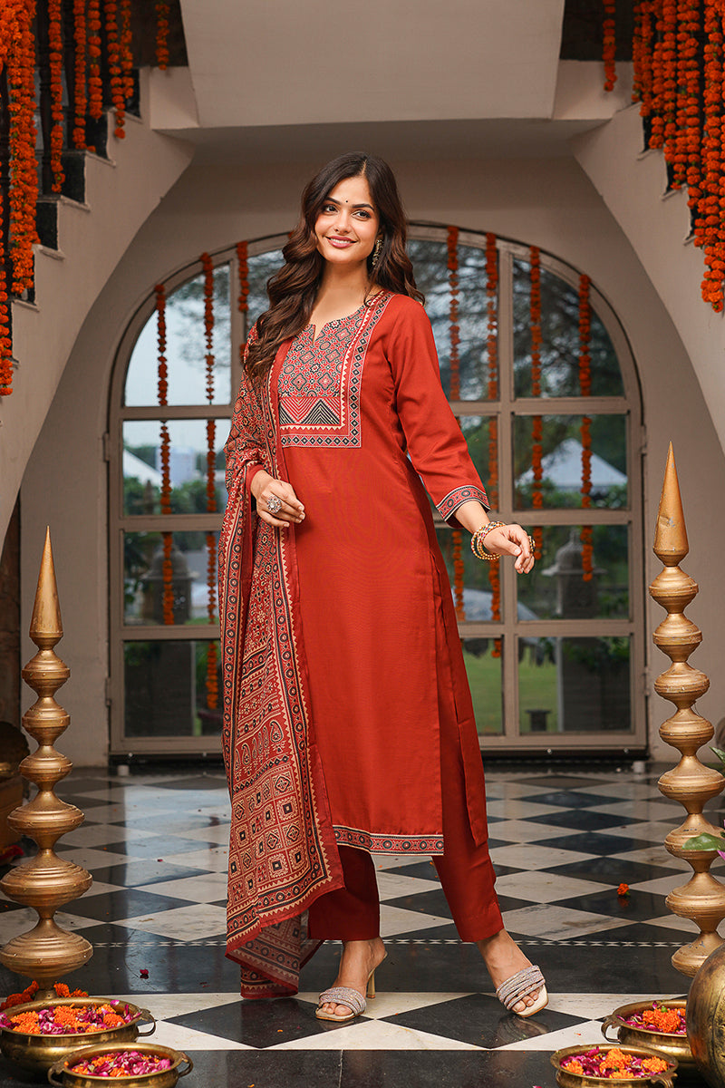 brown rayon blend ajrakh printed straight kurta trousers with dupatta 