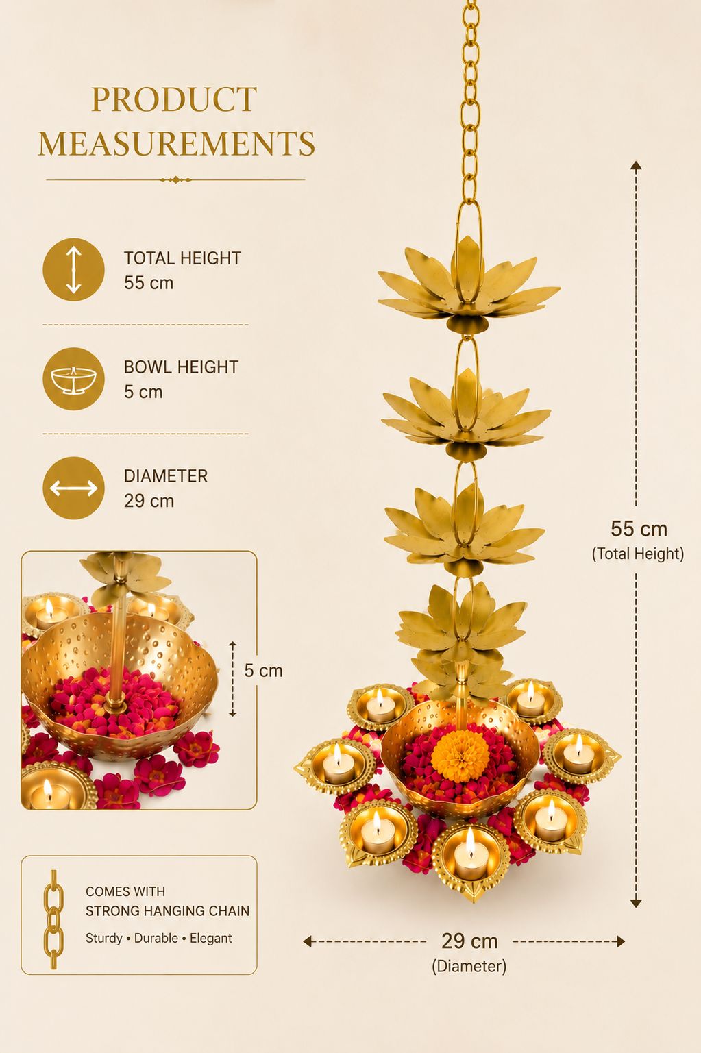 premium hanging lotus urli with 9 diya holders decorative metal hanging urli for floating flowers candles water decor traditional hanging diya urli for diwali pooja wedding home decoration