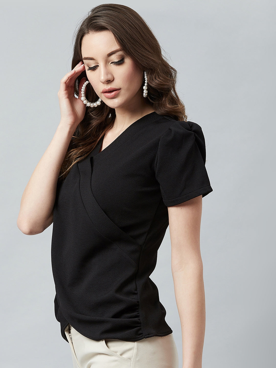 athena black wrap top with puffed sleeves