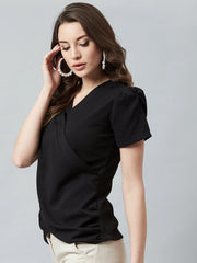 athena black wrap top with puffed sleeves