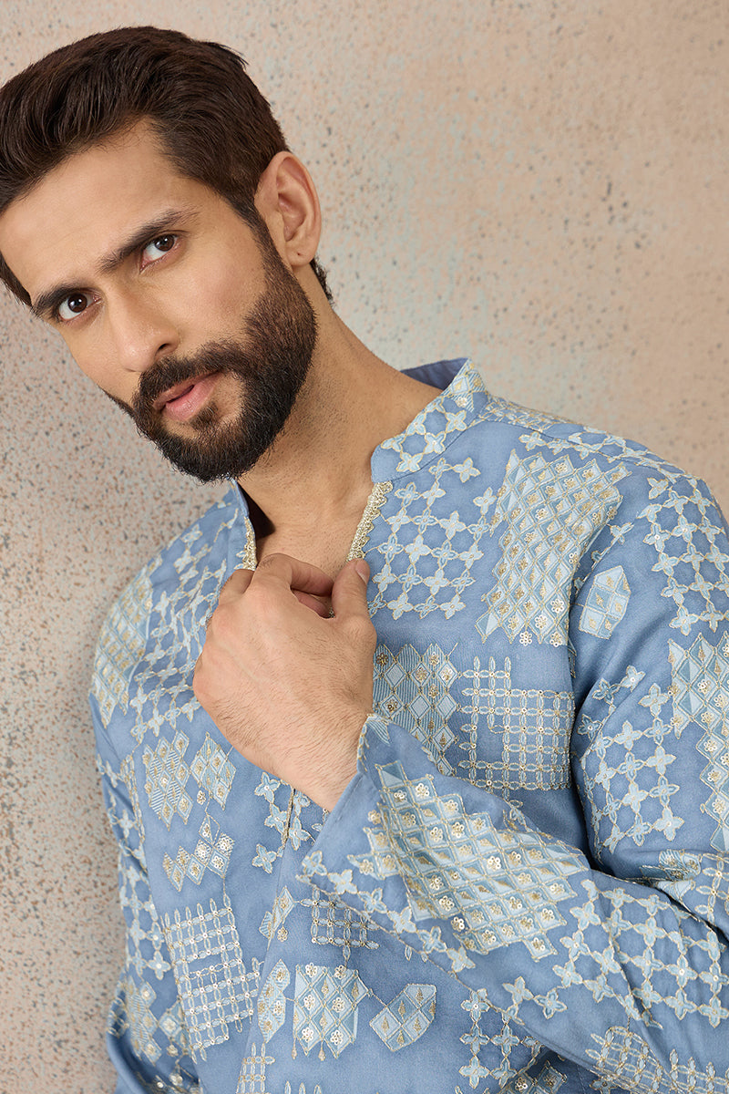 Mens Blue Silk Blend Solid Embroidered Kurta With Trouser MKSET2454