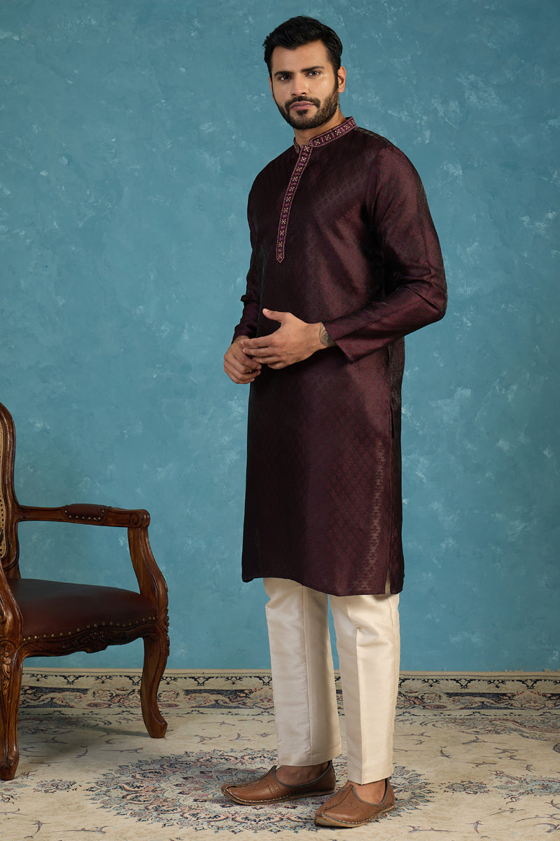 Mens Purple Silk Blend Woven Design Straight Kurta MKU1835