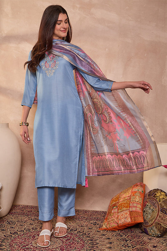 blue rayon blend solid embroidered straight kurta trouser with dupatta pkskd3100