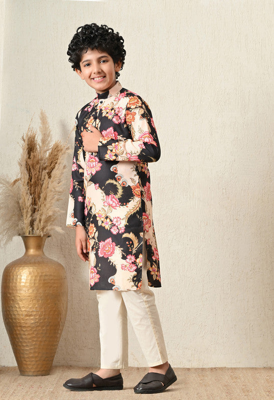 Indi Loom Couture Boys Black Floral Printed Kurta with Off White Pyjama Set ILBKS46