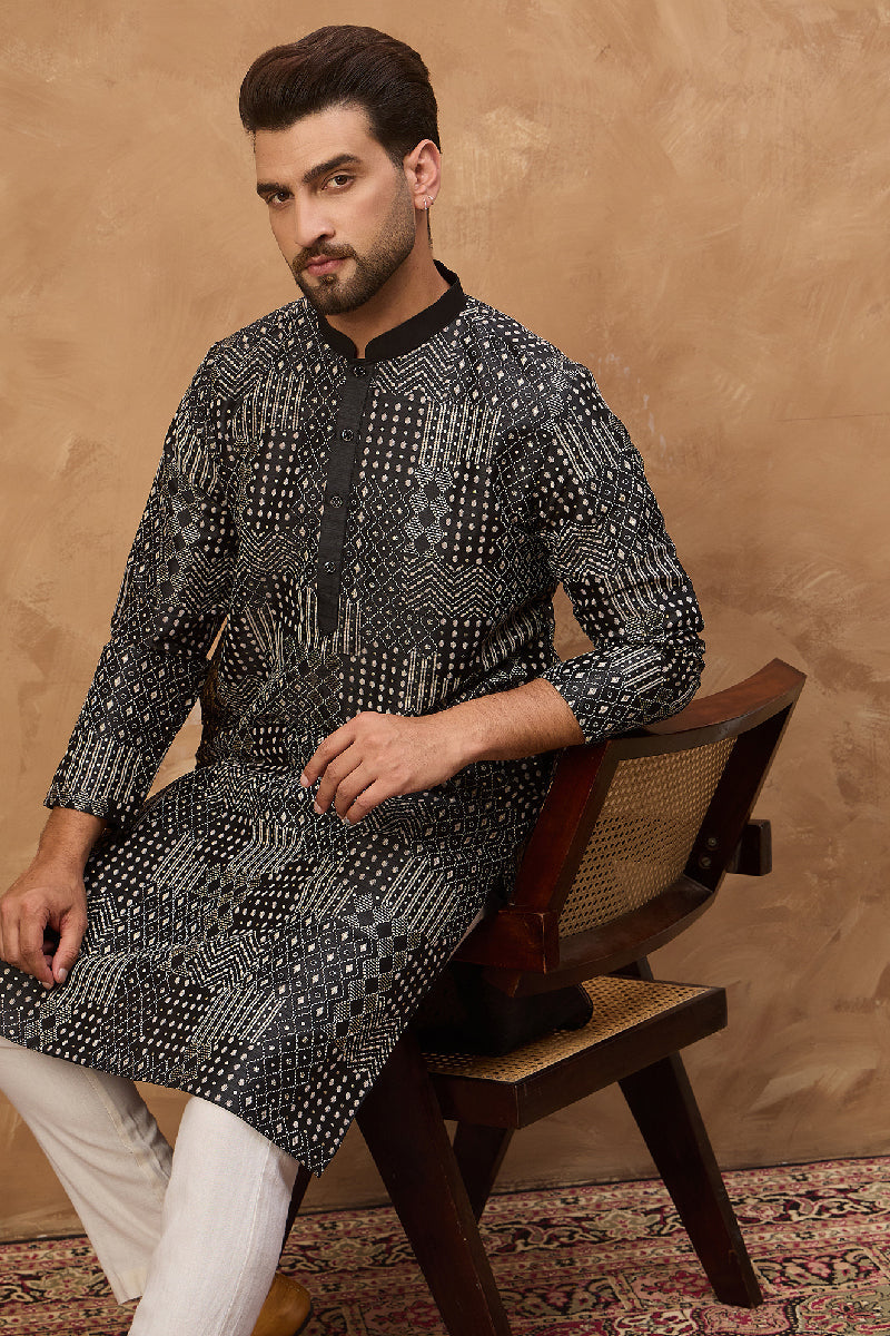 black silk blend geometric printed straight kurta