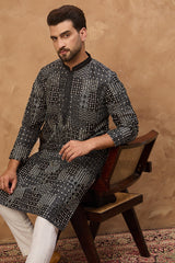 black silk blend geometric printed straight kurta