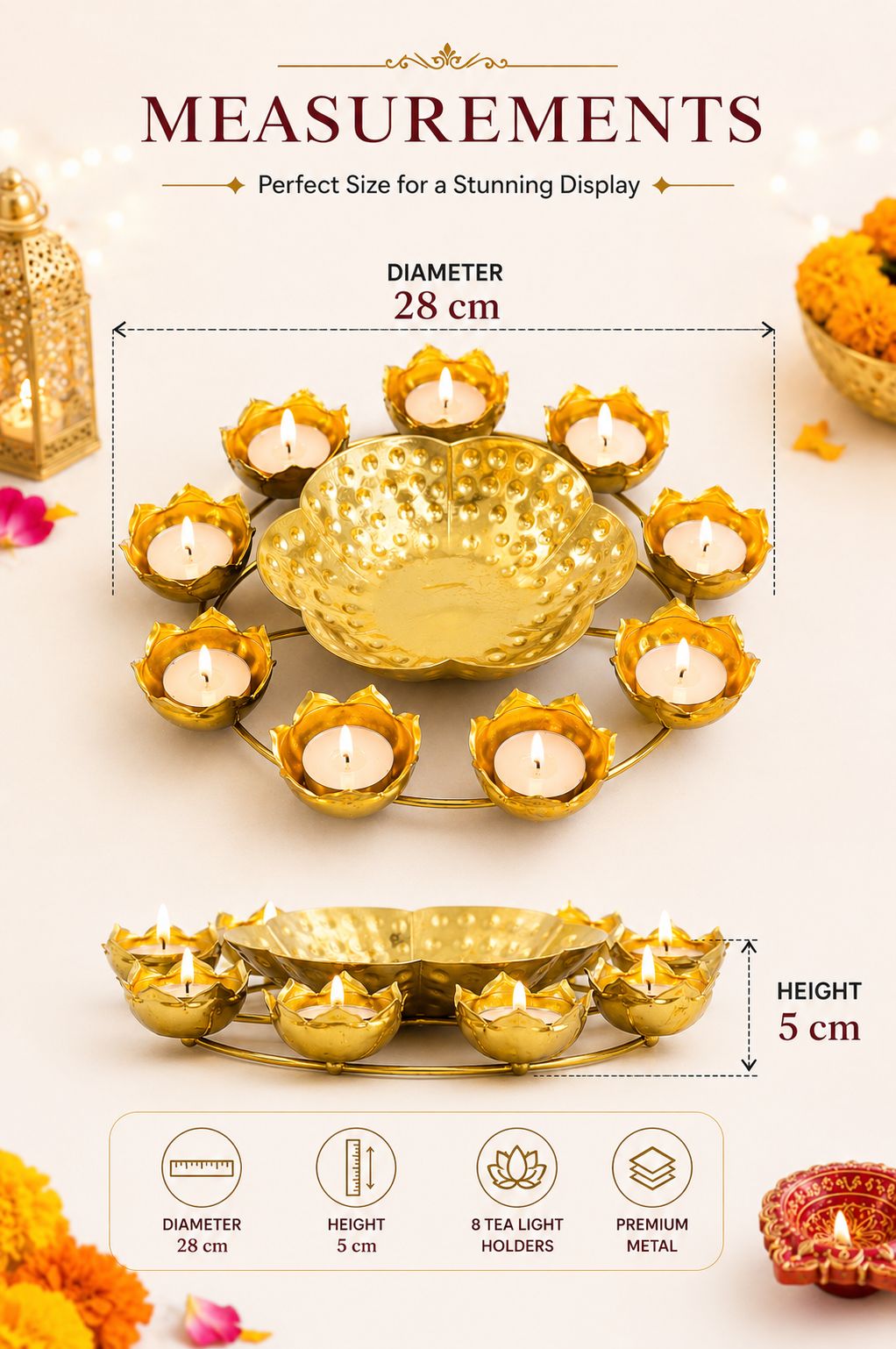 premium lotus urli bowl with 8 tea light holders hammered metal decorative floating flower bowl gold finish centerpiece for diwali pooja weddings festivals home decor gifting