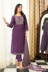 purple rayon blend ajrakh printed straight kurta trousers with dupatta 