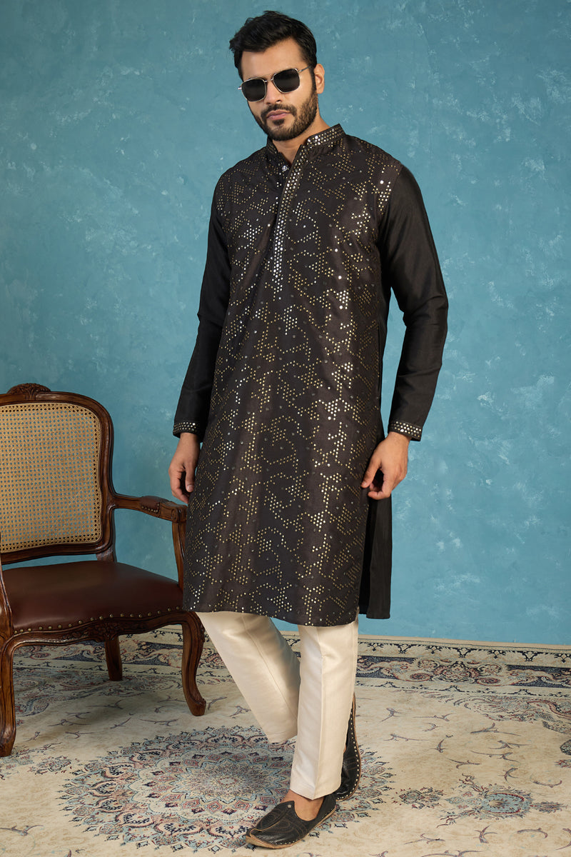 Silk Blend Black Solid Embroidered Calf Length Straight Kurta MKU2128