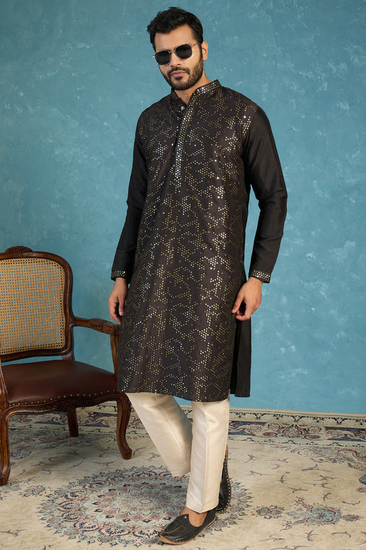 Silk Blend Black Solid Embroidered Calf Length Straight Kurta MKU2128
