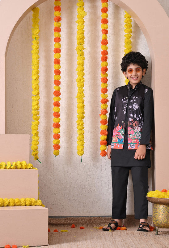 Indi Loom Couture Boys Black Kurta Pyjama with Printed Jacket Set ILBKSJ24