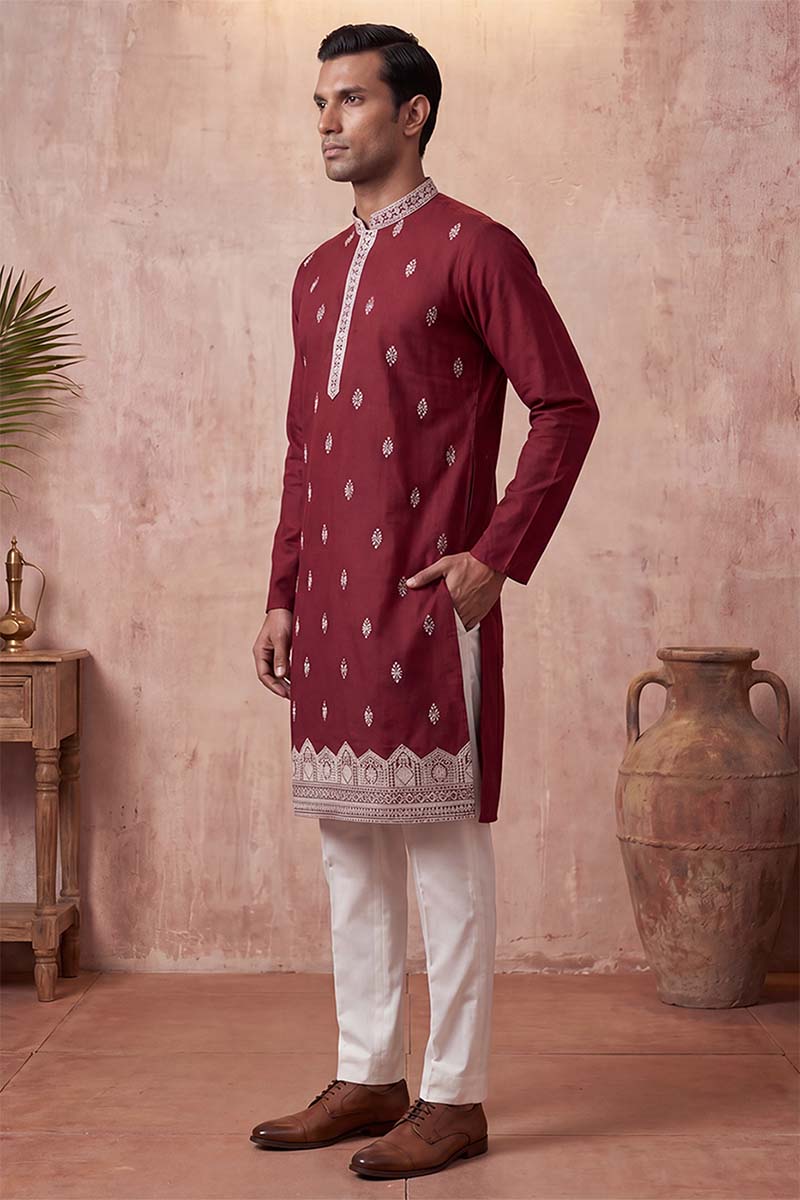 Silk Blend Maroon Solid Embroidered Calf Length Straight Kurta MKU2270
