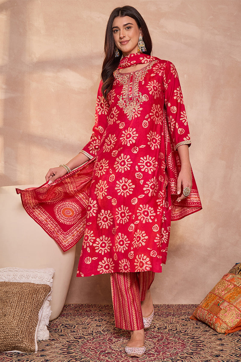 pink rayon blend floral printed straight kurta trouser with dupatta 