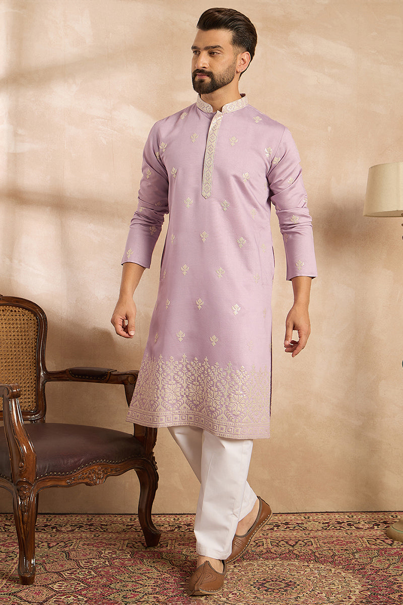 Lavender Polyester Solid Embroidered Straight Kurta With Trouser MKSET1753