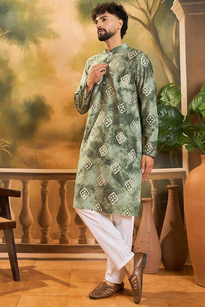 green silk blend batik embroidered straight kurta with trouser