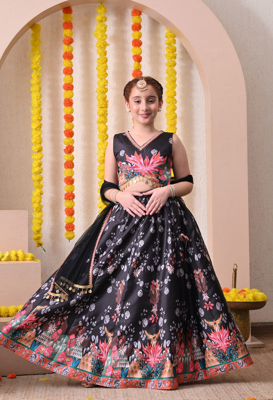 Girls Black Floral Printed Lehenga Choli with Dupatta Set ILLCD35