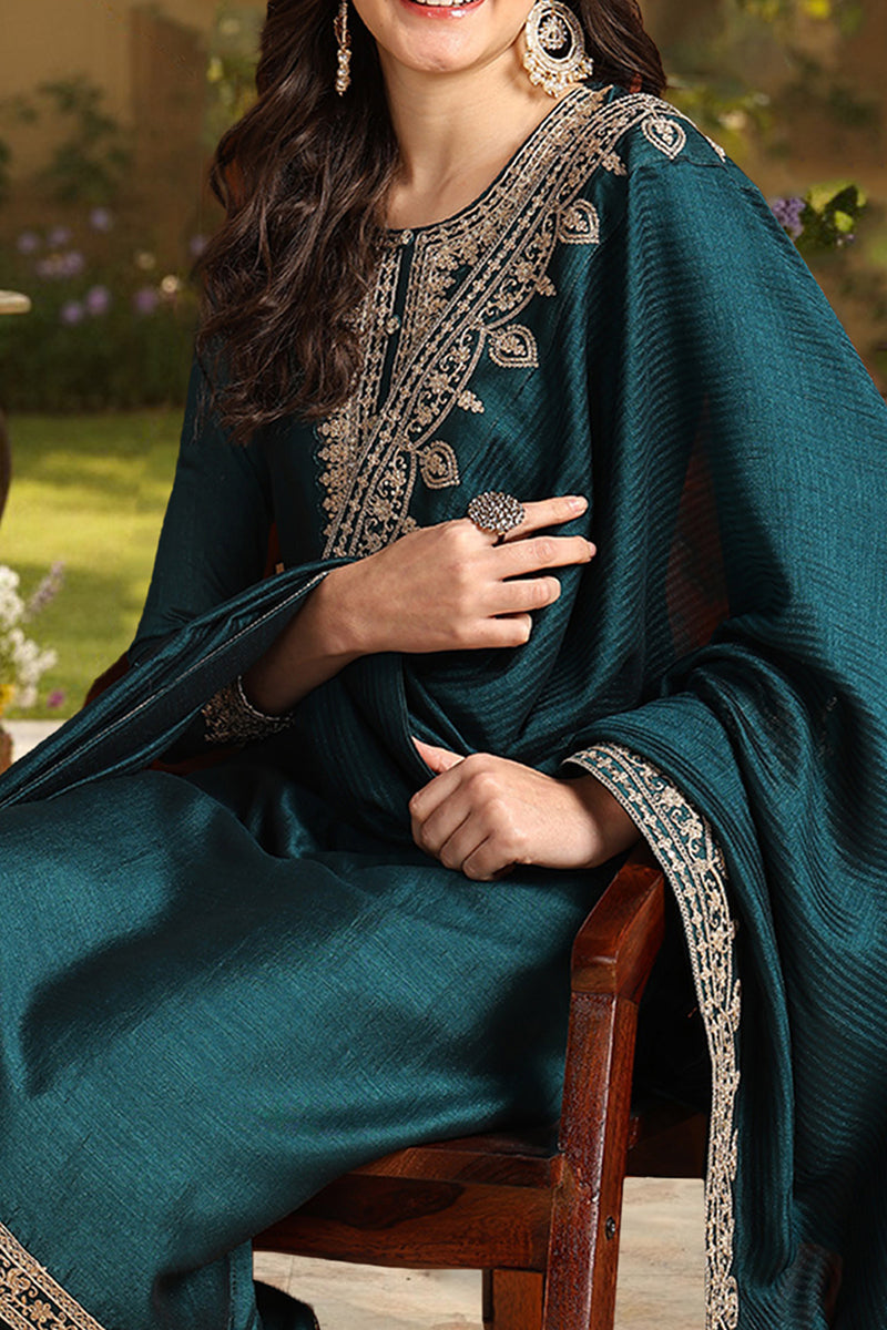 green silk blend solid embroidered straight suit set pkskd2261