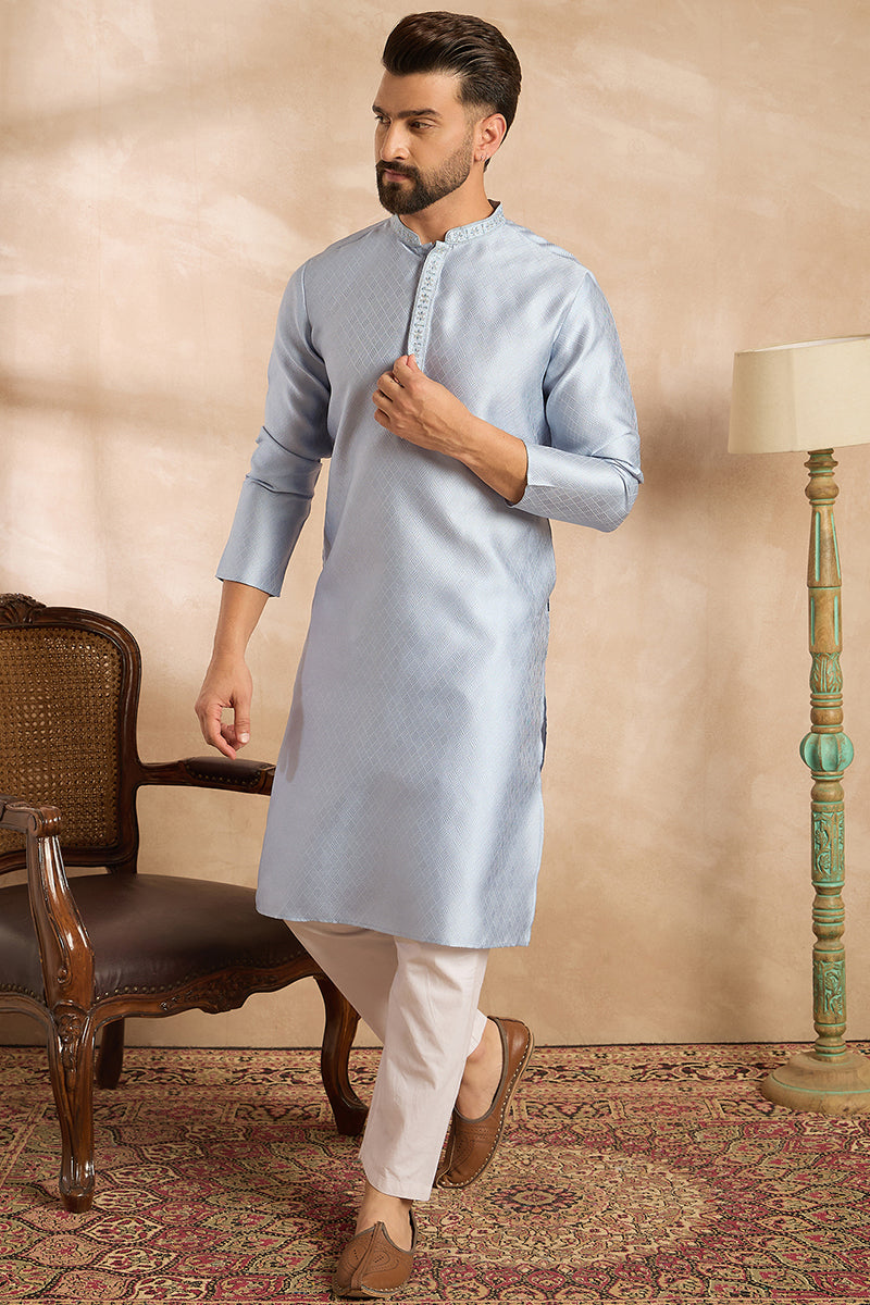 Blue Polyester Solid Embroidered Straight Kurta With Trouser MKSET1841