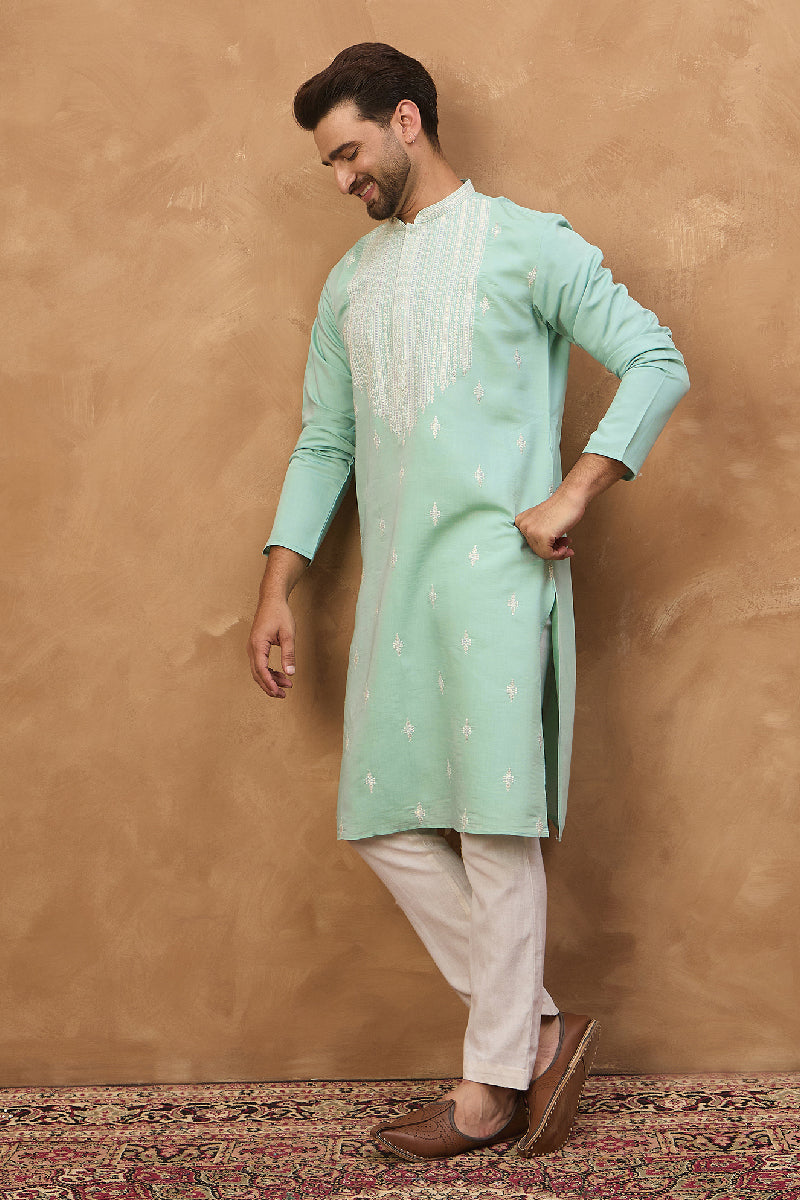 Blue Silk Blend Solid Embroidered Straight Kurta MKU1511