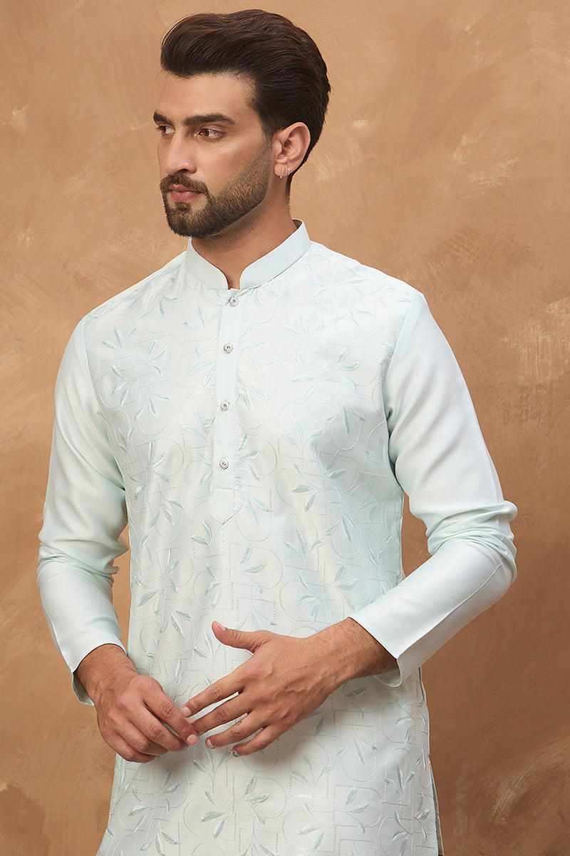 Blue Silk Blend Solid Embroidered Straight Kurta MKU1446